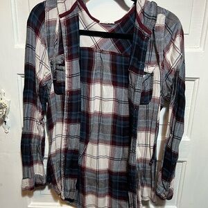Maurices Burgundy and Navy Plaid Hooded Shirt